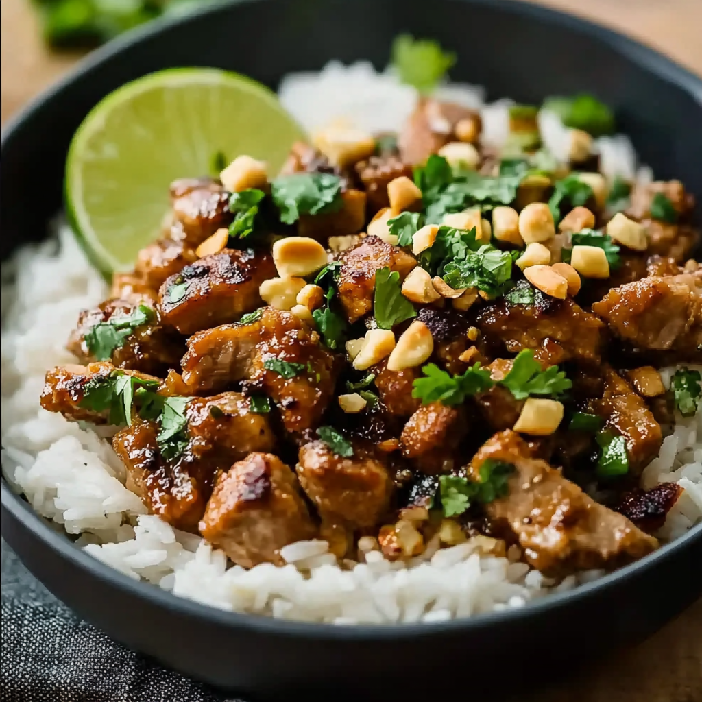 Recipe preparation for Ginger Lime Pork with Coconut Rice