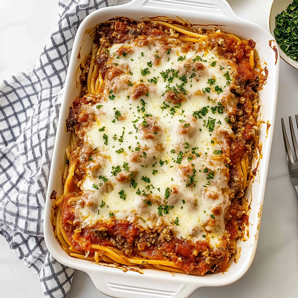Recipe preparation for Cheesy Baked Spaghetti