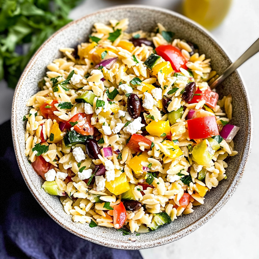 Recipe preparation for greek orzo salad