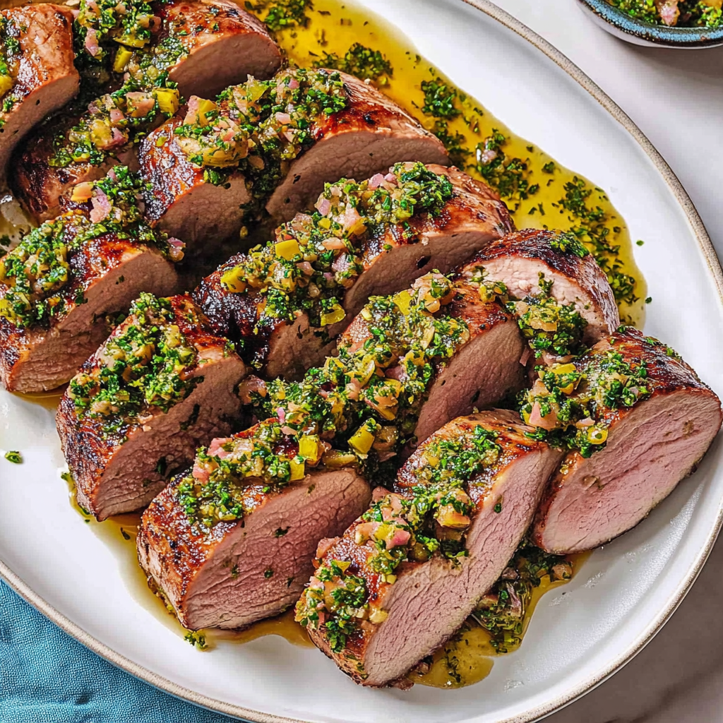 Recipe preparation for Roasted Pork Tenderloin with Herb and Pistachio Salsa
