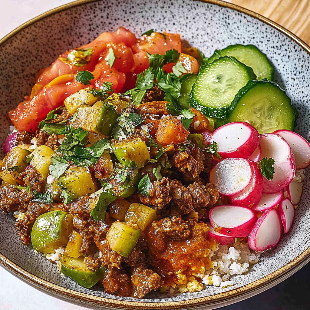 Recipe preparation for Mediterranean Beef Bowls with Harissa Oil