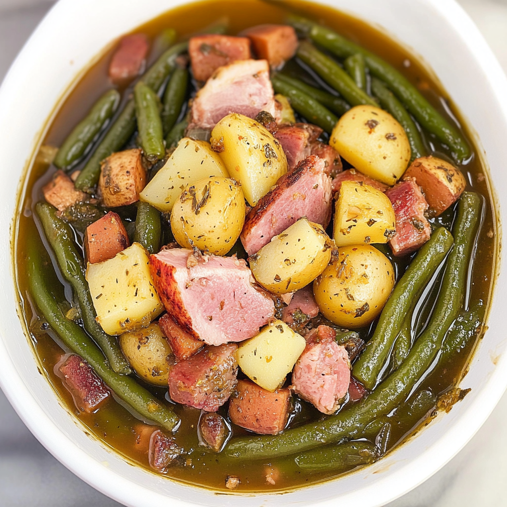 Recipe preparation for Ham, Green Beans, and Potatoes in the Crockpot