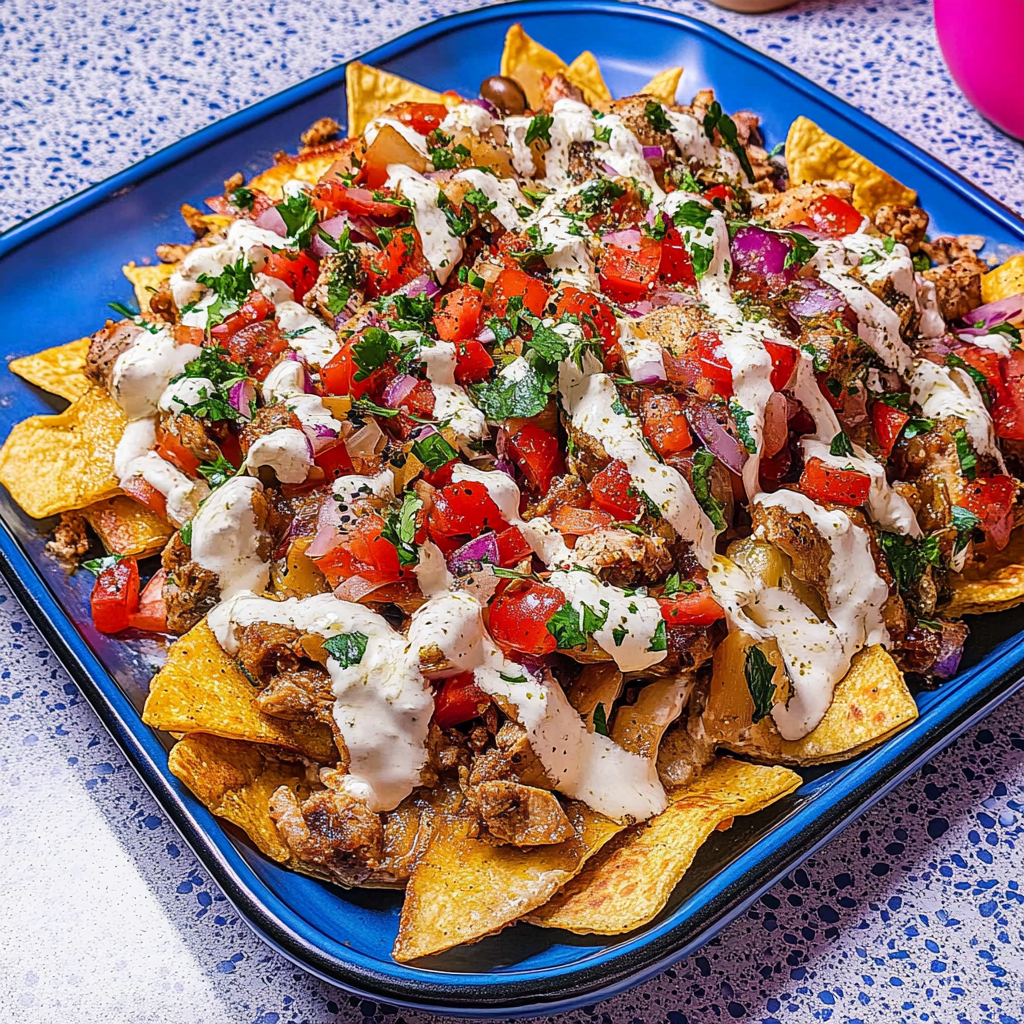 Recipe preparation for Mediterranean Chicken Nachos