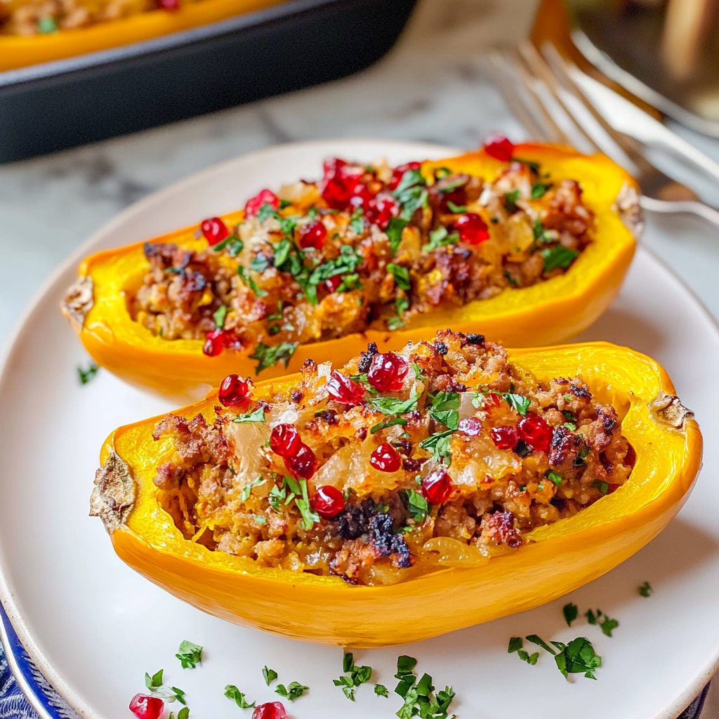 Recipe preparation for Creamy Sausage Stuffed Delicata Squash