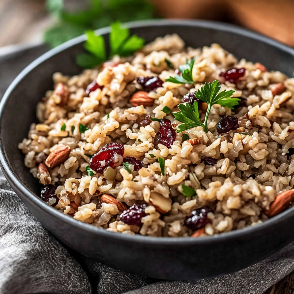 Recipe preparation for Wild Rice Pilaf with Dried Cranberries, Pecans & Fresh Herbs