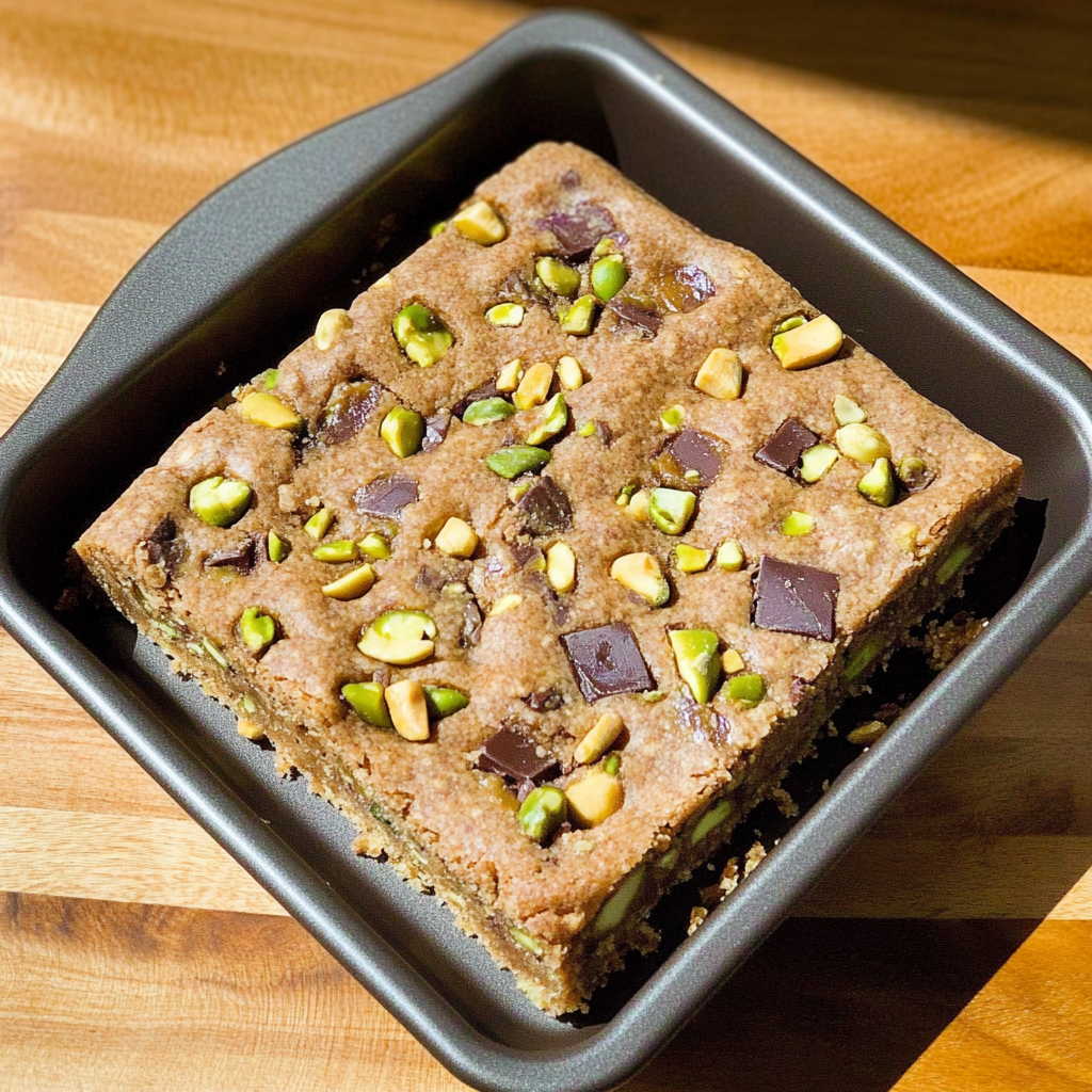 Recipe preparation for Salted Honey Pistachio Cookie Bars
