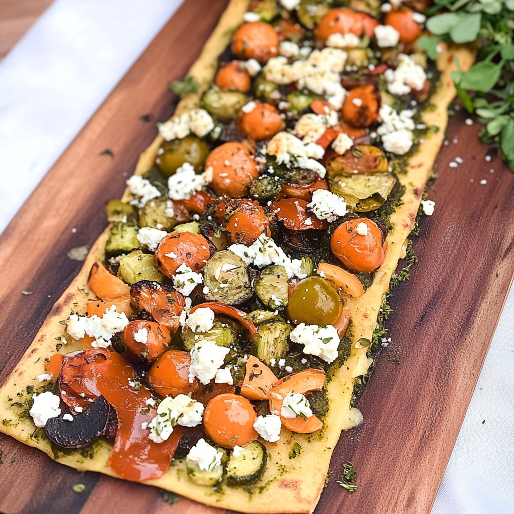 Recipe preparation for Roasted Vegetable Flatbread with Goat Cheese