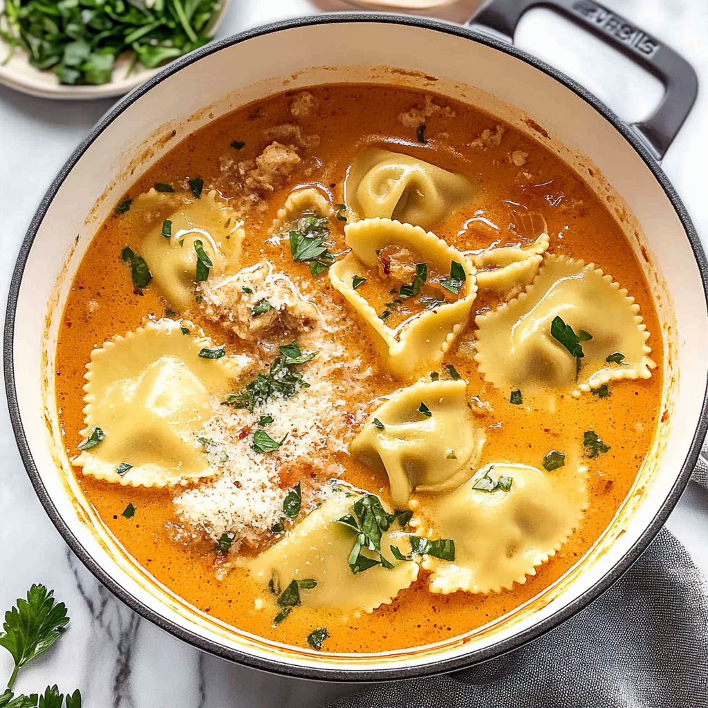 Recipe preparation for Creamy One-Pot Ravioli Soup