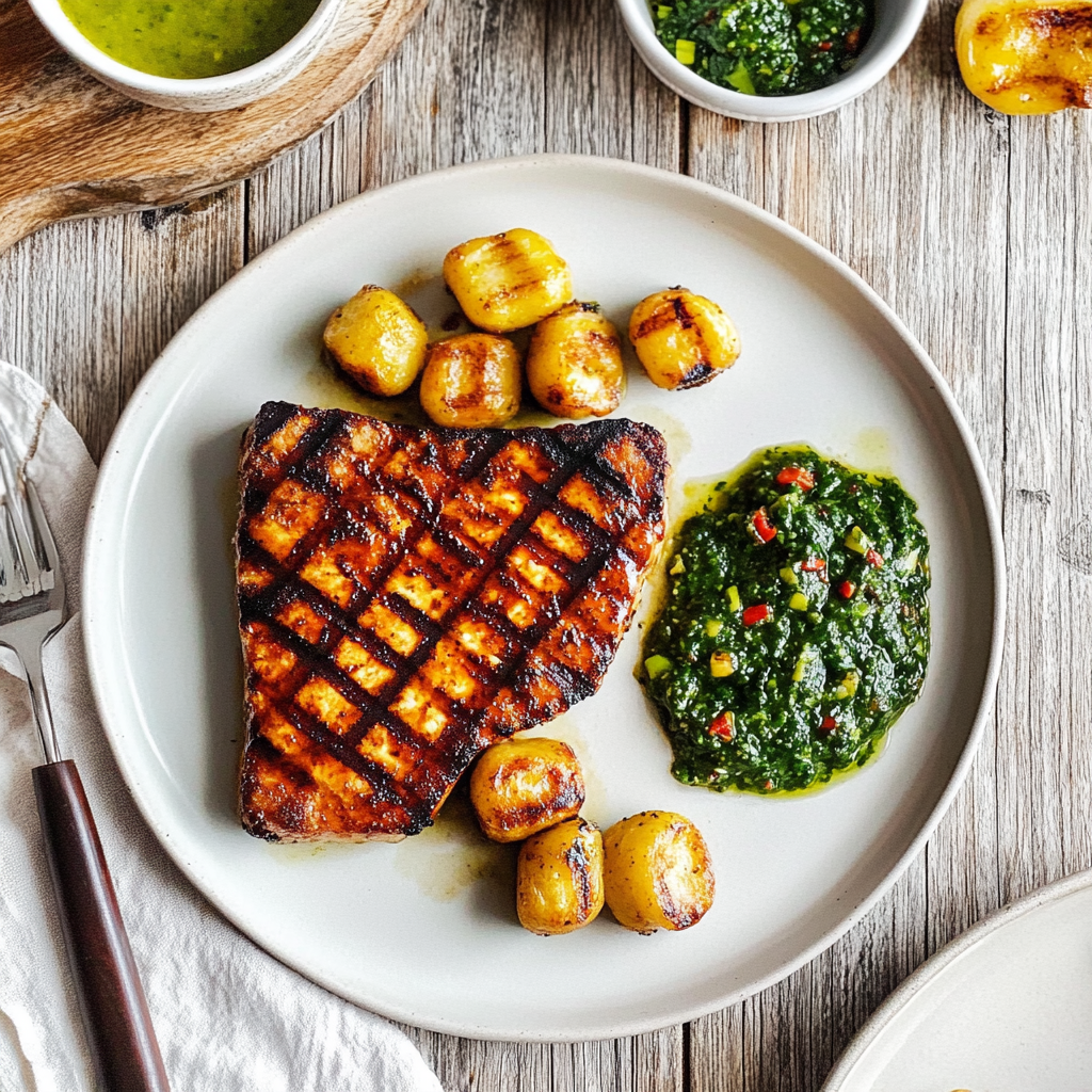 Recipe preparation for Tofu “steak” with chimichurri