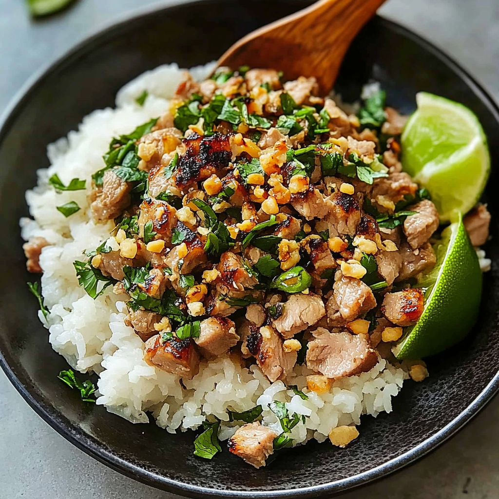 Recipe preparation for Ginger Lime Pork Coconut Rice