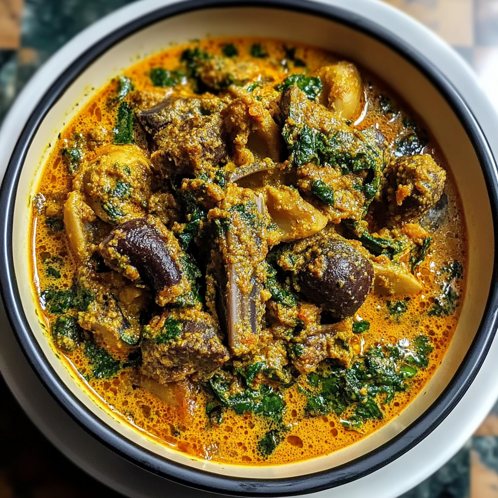 Recipe preparation for Hearty Nigerian Egusi with Beef and Periwinkles