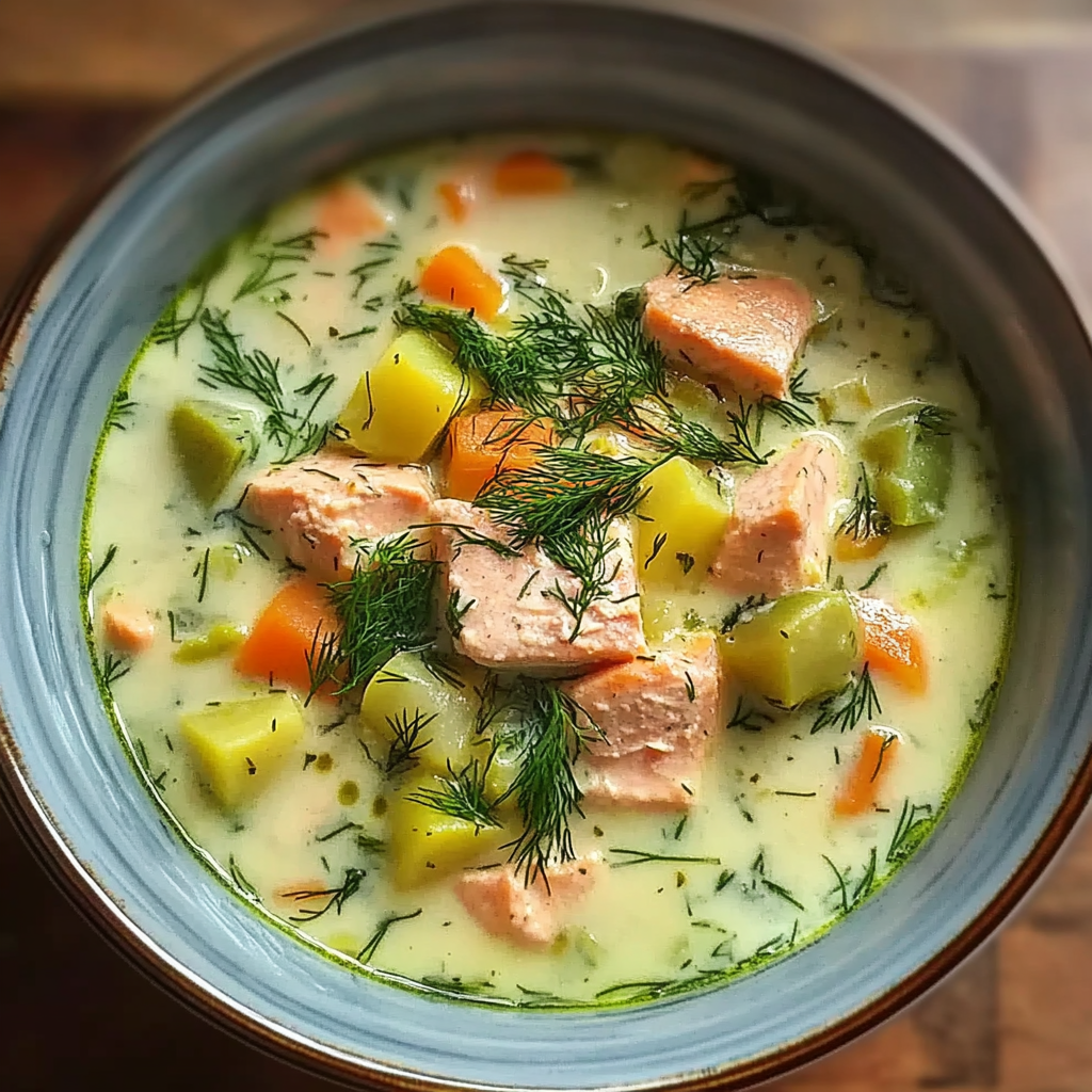 Recipe preparation for ccCreamy Dill Salmon Soup with Potatoes and Leeks