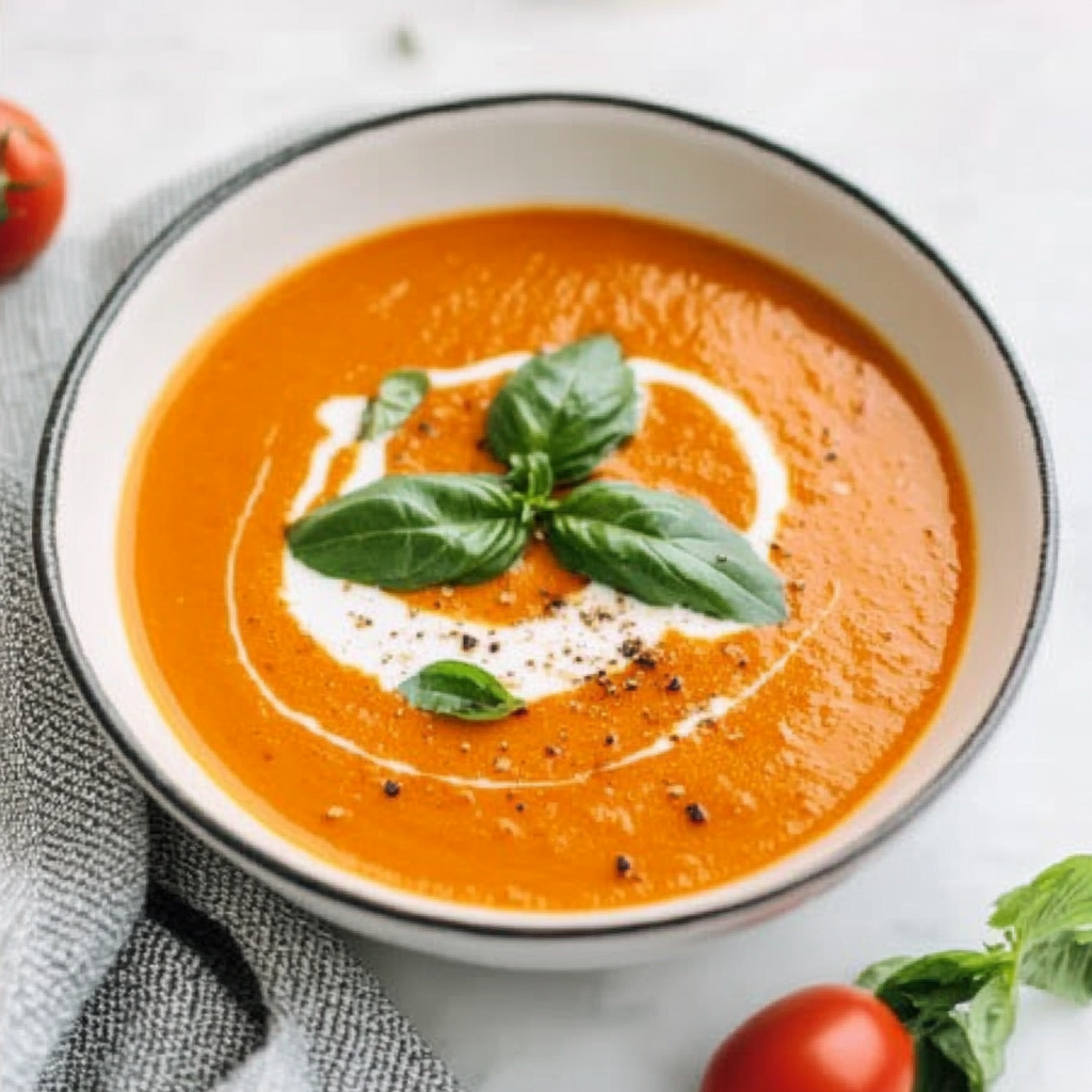 Recipe preparation for Creamy Roasted Tomato & Basil Bisque