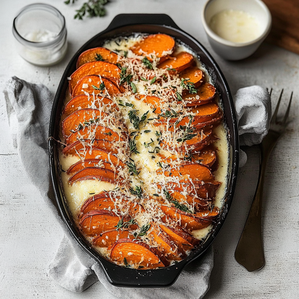 Recipe preparation for Sweet Potato Gratin with Cream and Sage