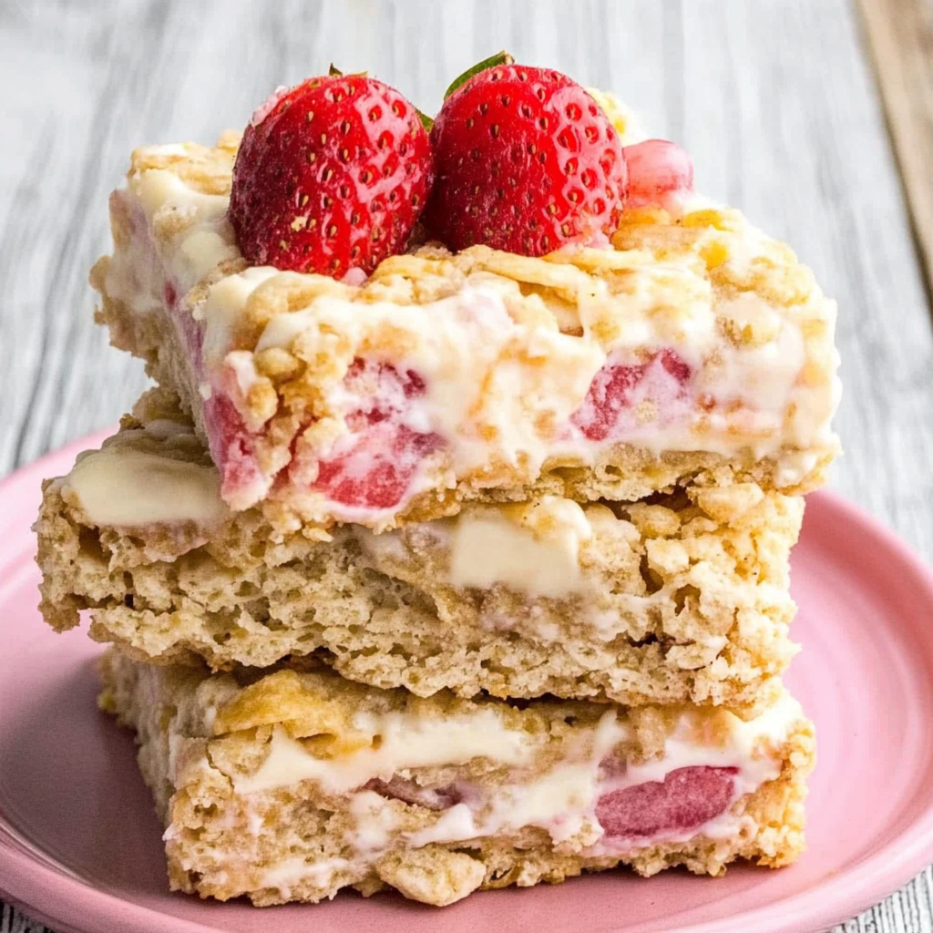 Recipe preparation for Strawberry Cheesecake Krispie Treat Bars