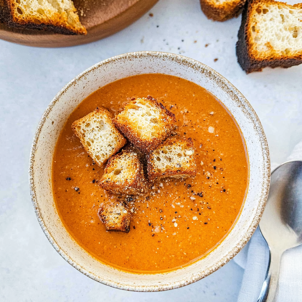 Recipe preparation for Creamy Roasted Tomato Basil Soup with Parmesan Croutons