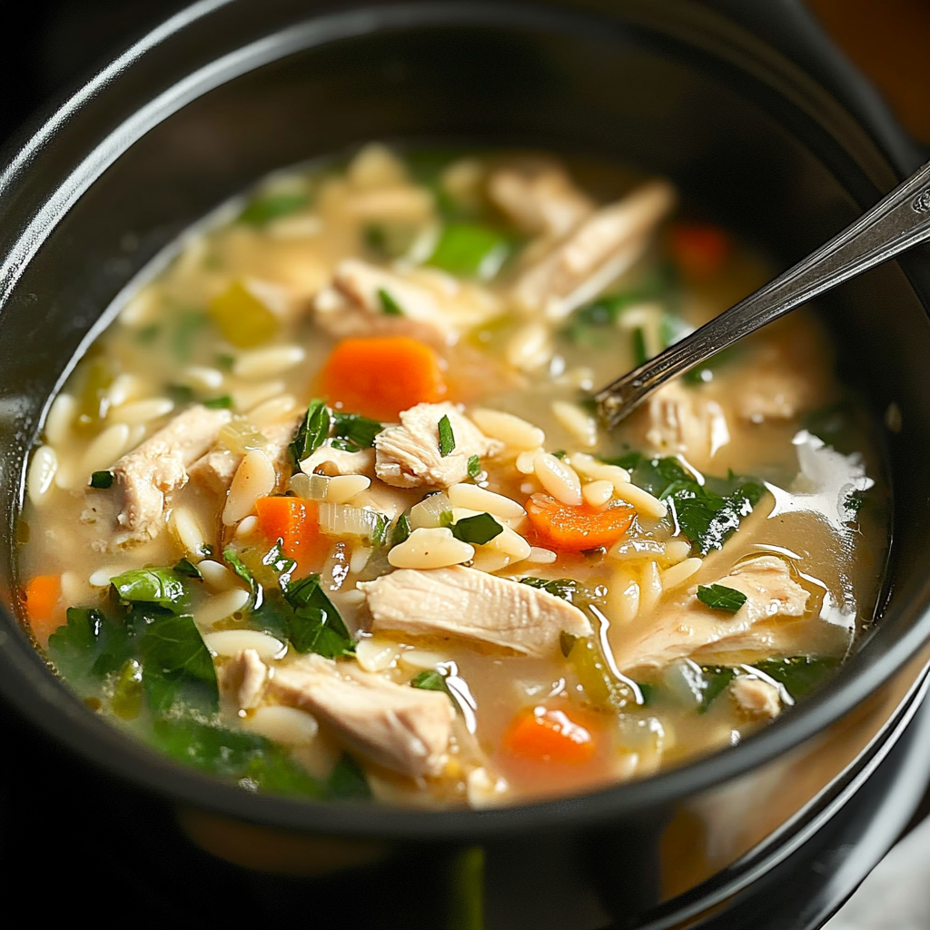 Recipe preparation for Slow Cooker Lemon Chicken Orzo Soup