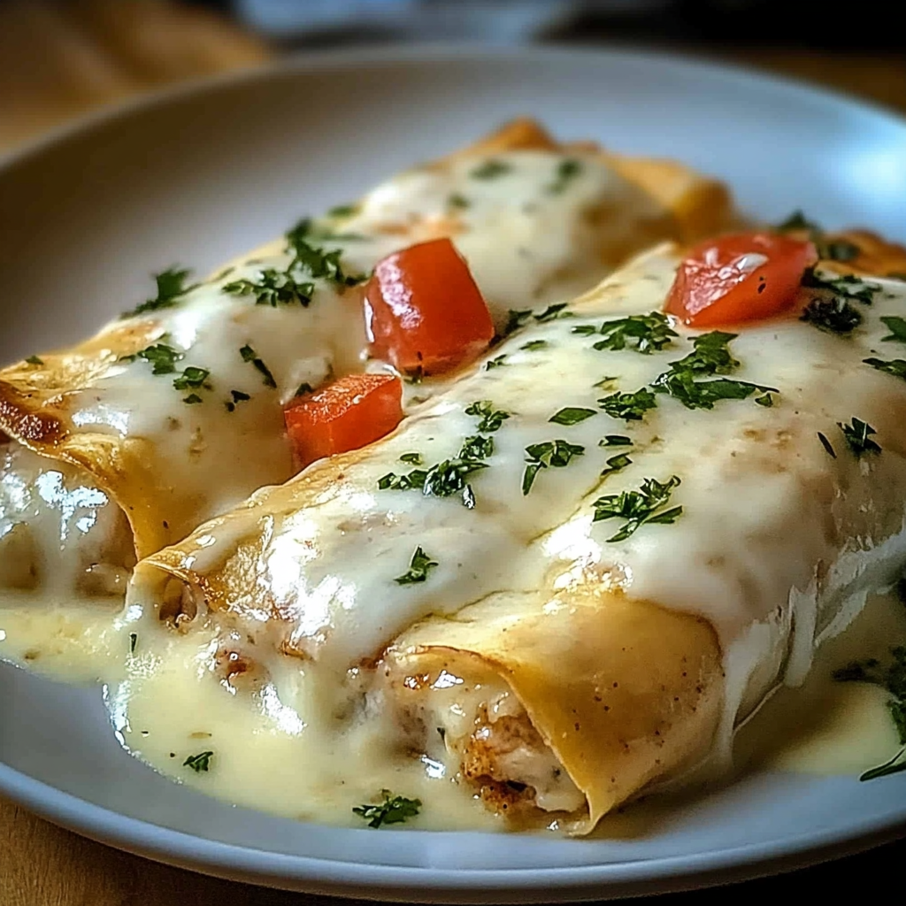 Recipe preparation for Chicken Enchiladas with Sour Cream White Sauce