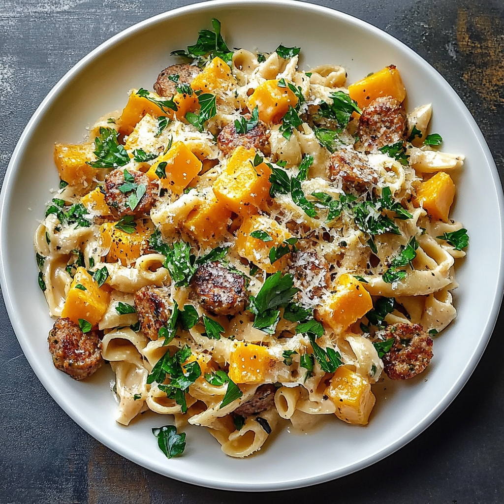 Recipe preparation for Delicious Autumn Sausage Pasta Squash