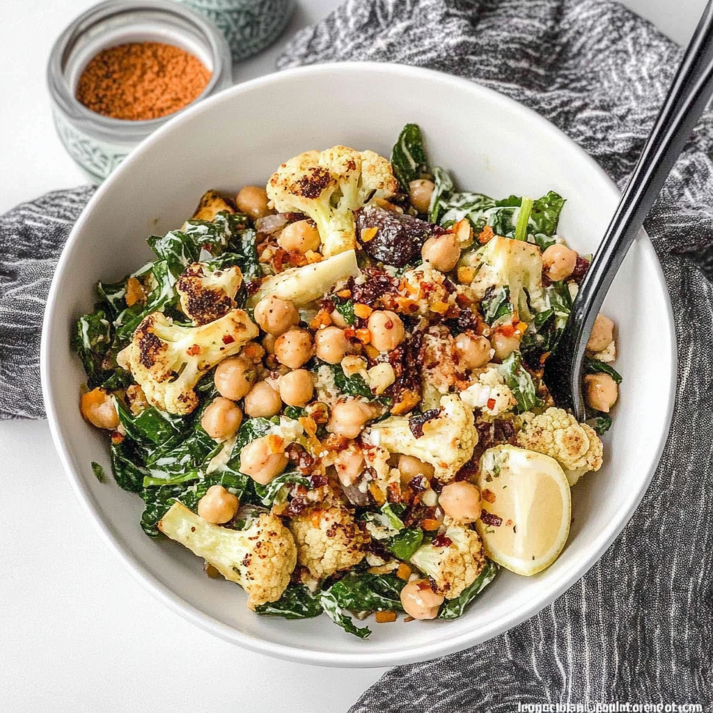 Recipe preparation for Roasted Cauliflower Chickpea Salad: Lemon Yogurt Delight
