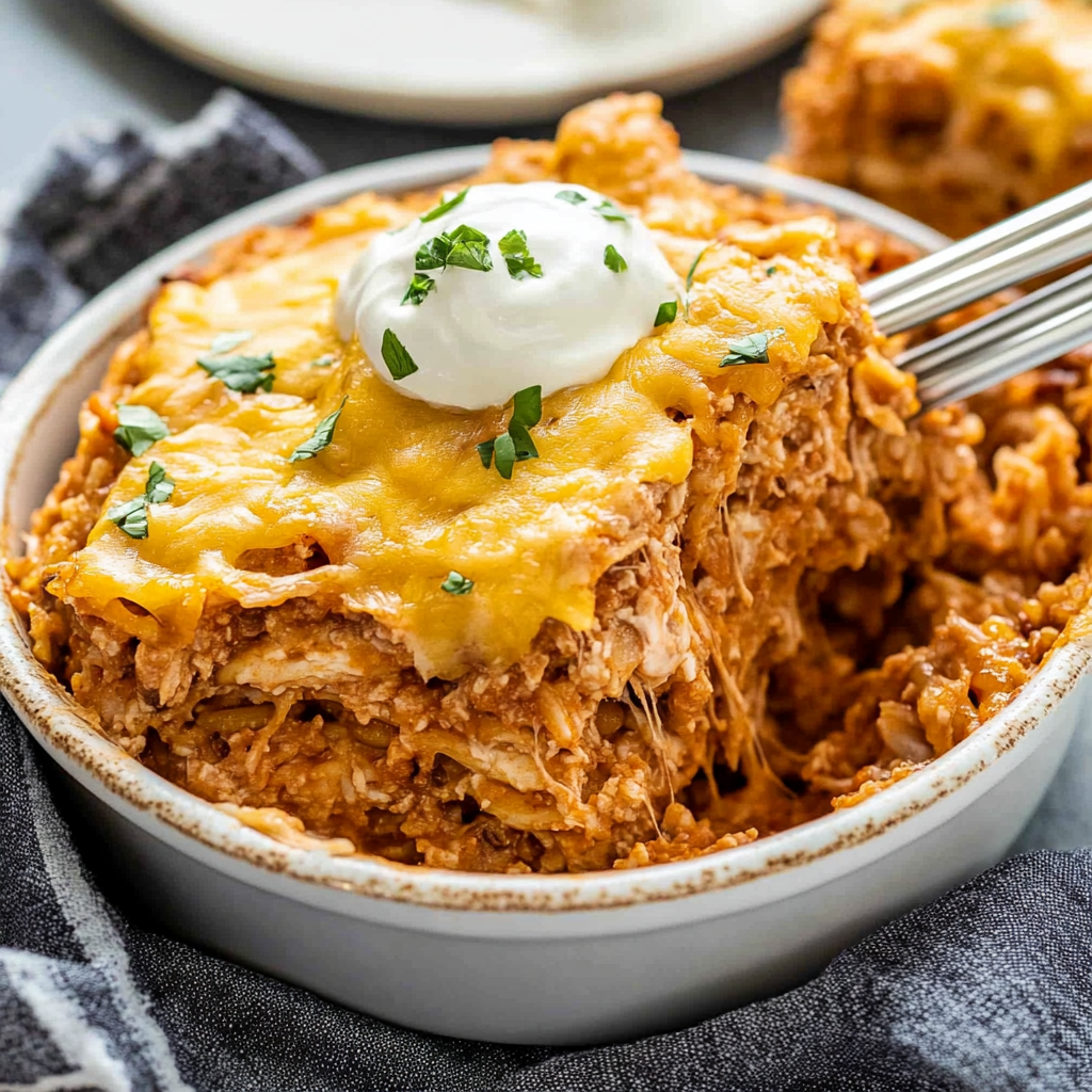 Recipe preparation for Easy Cheesy Chicken Enchilada Rice Bake