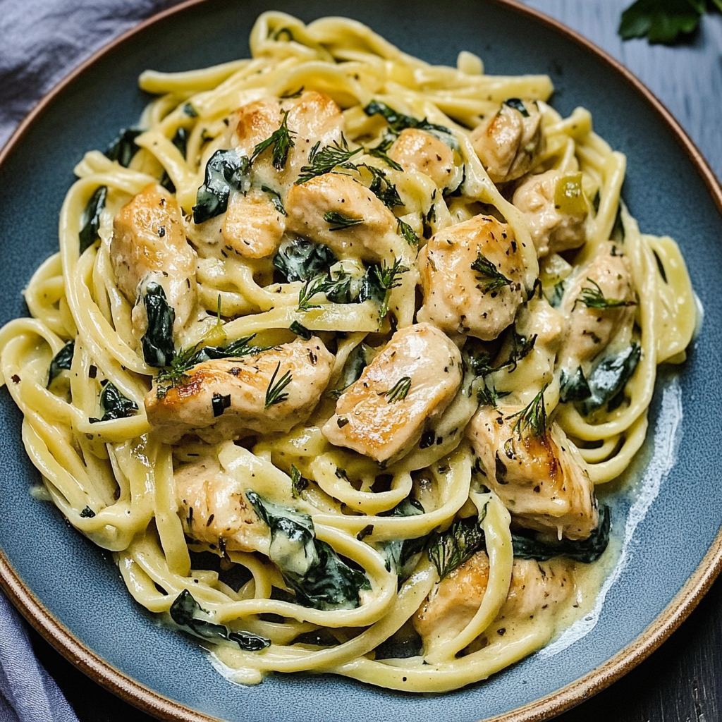 Recipe preparation for Creamy Greek Yogurt Chicken Pasta with Spinach
