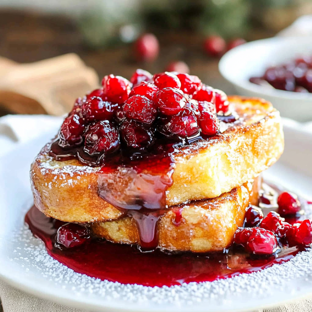 Recipe preparation for Eggnog French Toast with Cranberry Syrup