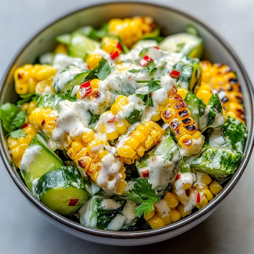 Recipe preparation for Street Corn Creamy Cucumber Salad