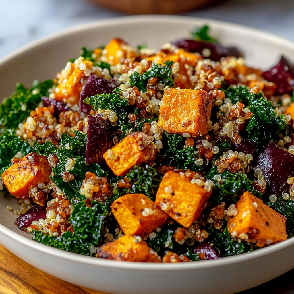 Recipe preparation for Roasted Sweet Potato Kale and Quinoa Salad