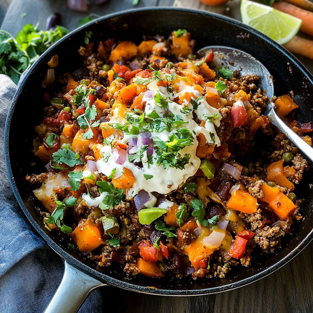 Recipe preparation for taco ground beef and sweet potato skillet