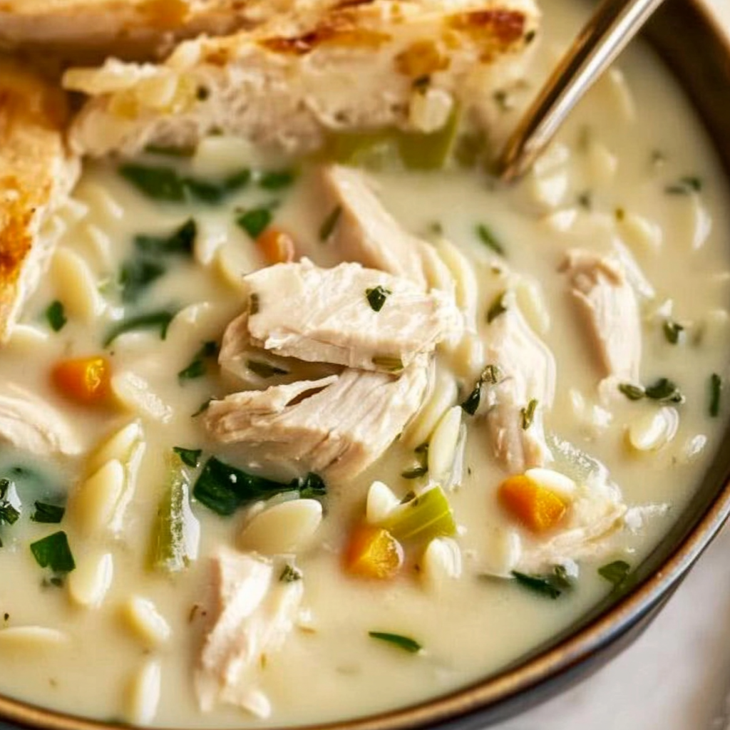 Recipe preparation for Creamy Lemon Chicken Orzo Soup