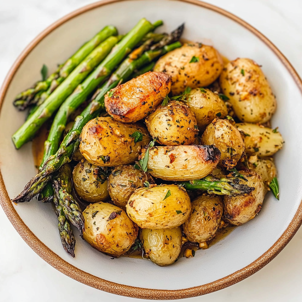 Recipe preparation for garlic potatoes & asparagus