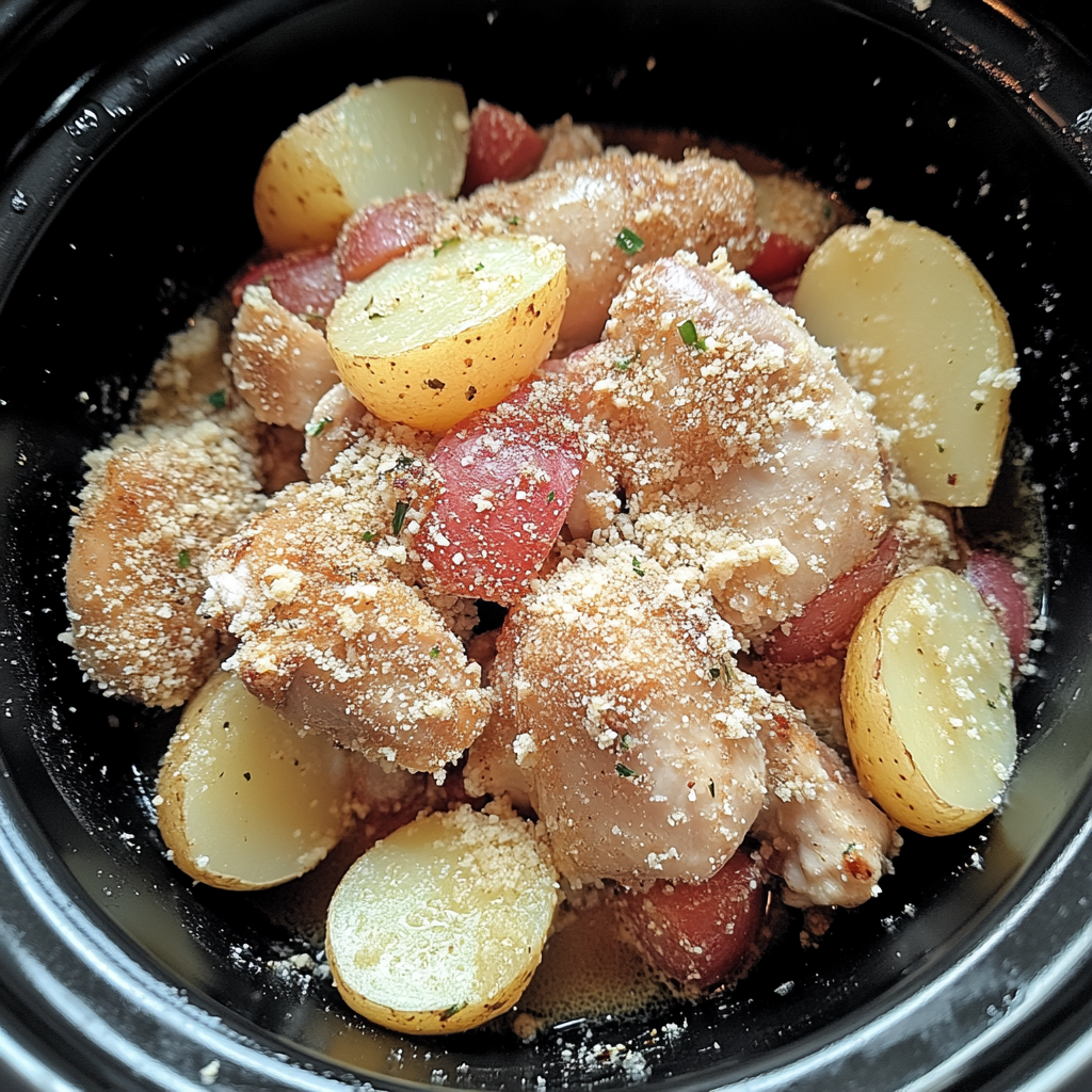 Recipe preparation for garlic parmesan crockpot chicken and potatoes