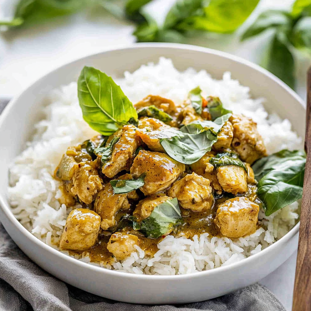 Recipe preparation for basil chicken with coconut curry sauce