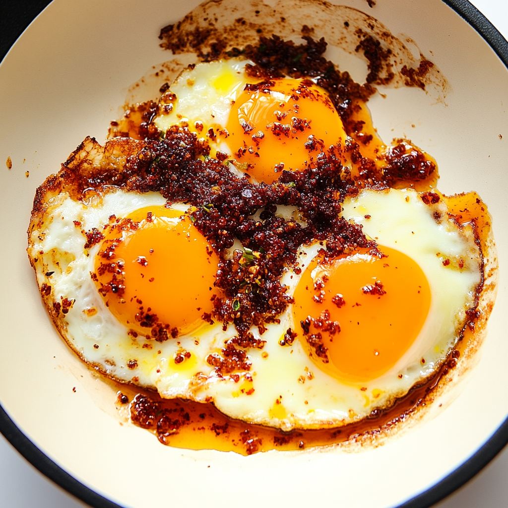 Recipe preparation for Crispy Chili Oil Fried Eggs