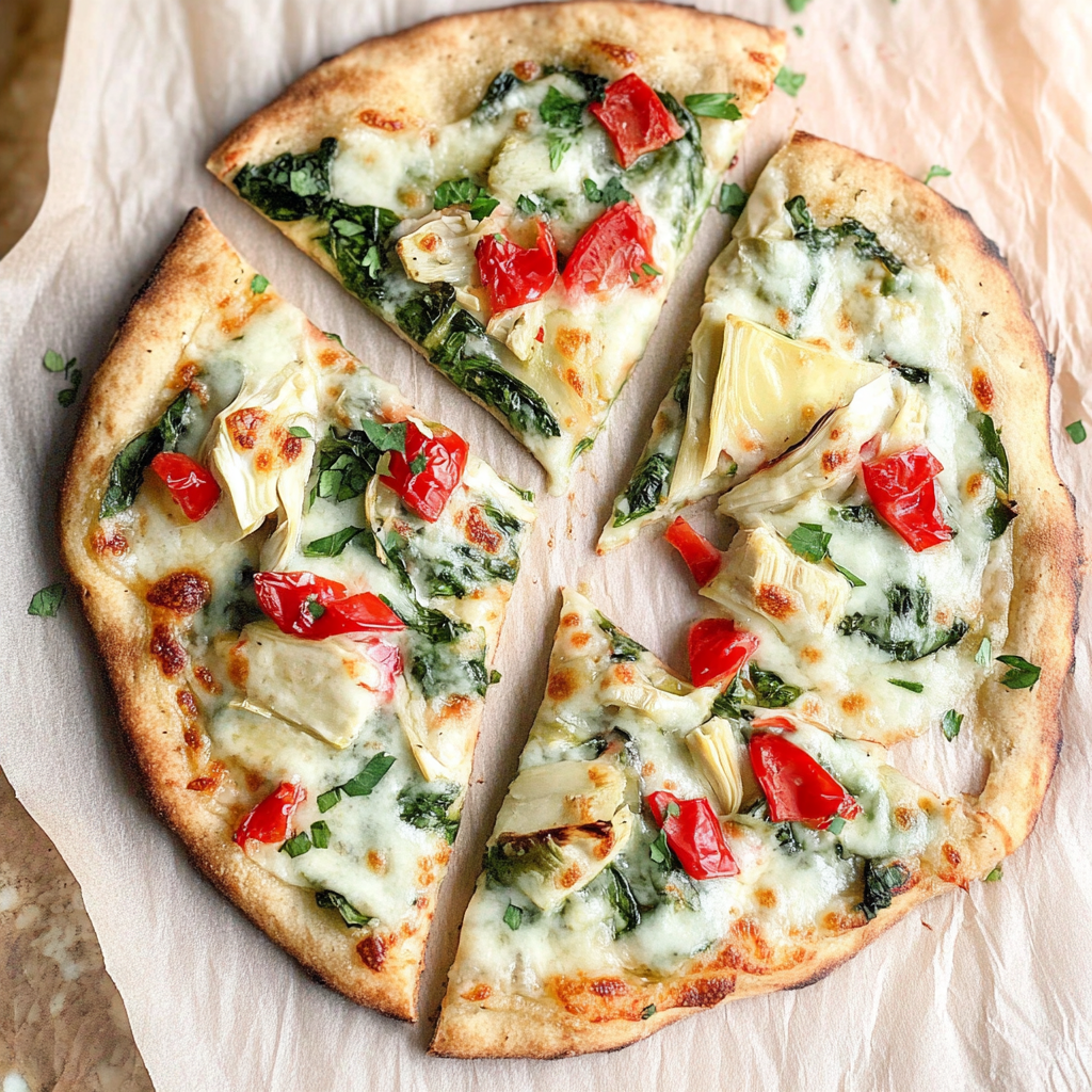 Recipe preparation for Cheesy Spinach & Artichoke Flatbread Pizza