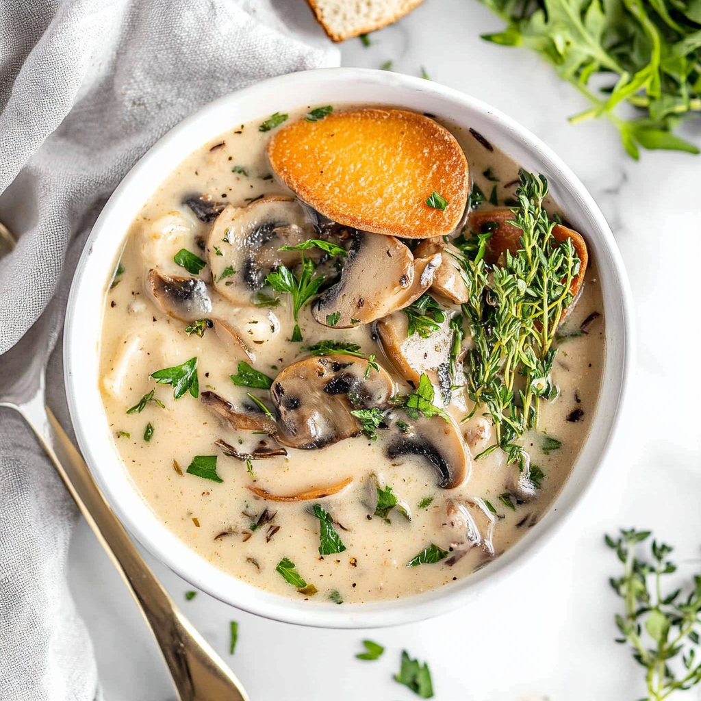 Recipe preparation for Creamy Garlic Mushroom Wild Rice Soup