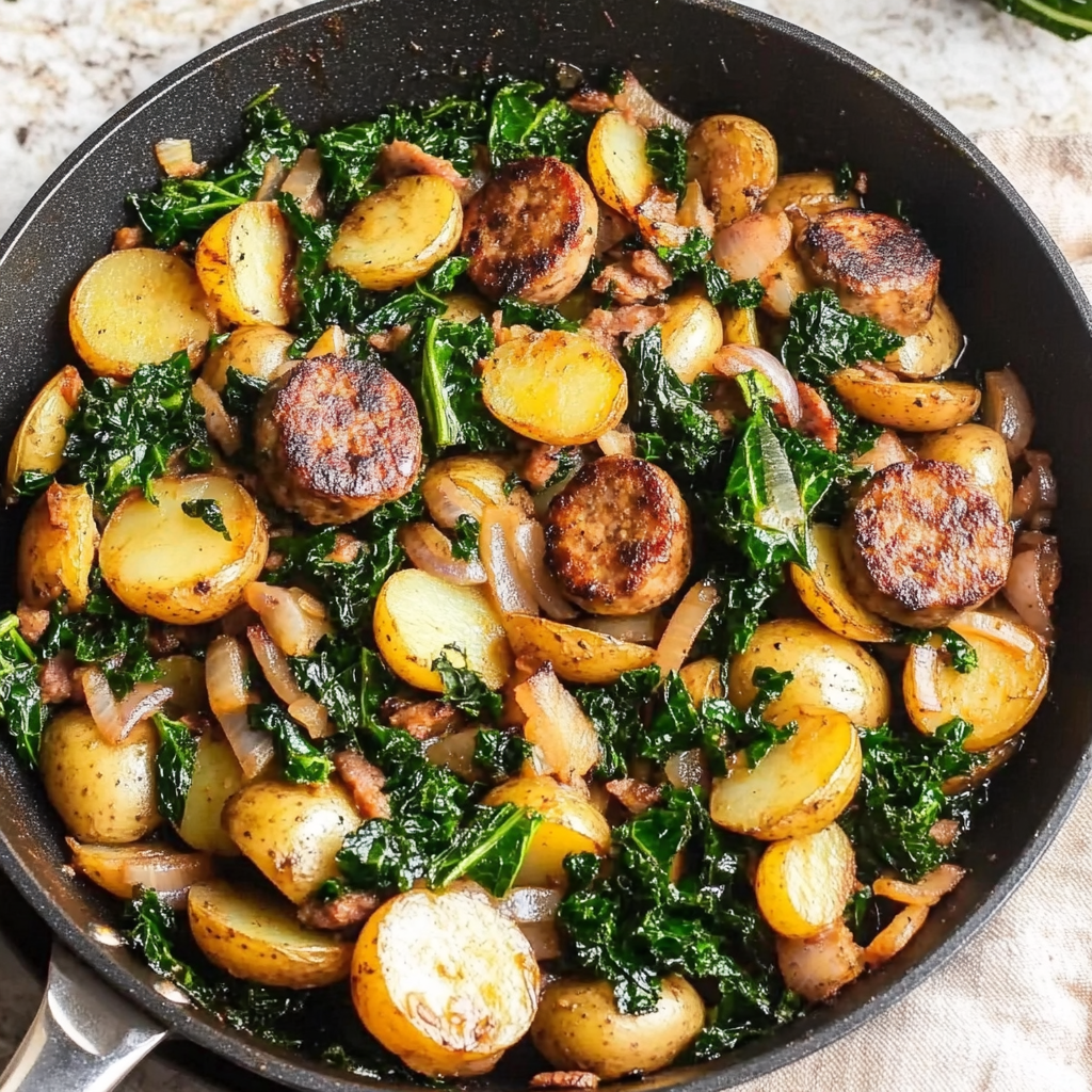 Recipe preparation for Creamy Sausage Potato Kale Skillet