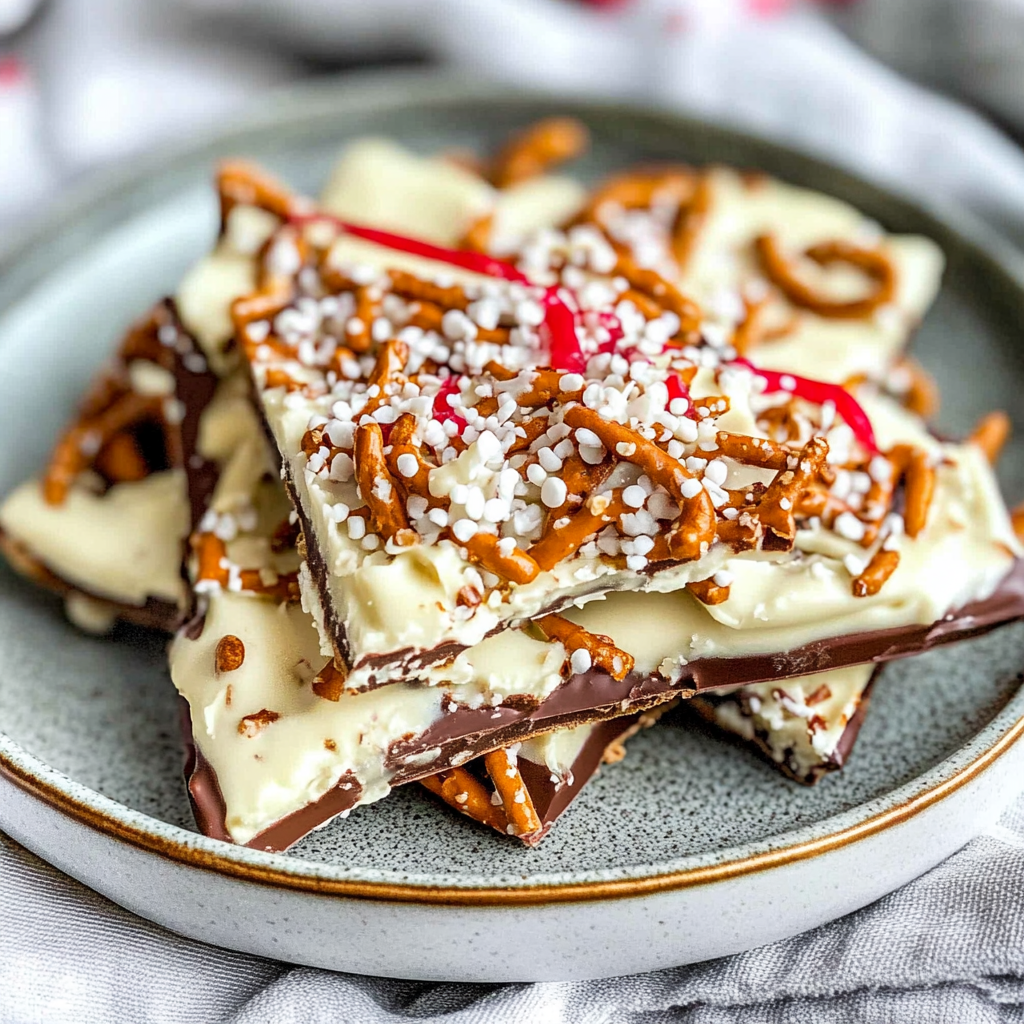 Recipe preparation for White Chocolate Holiday Pretzel Bark