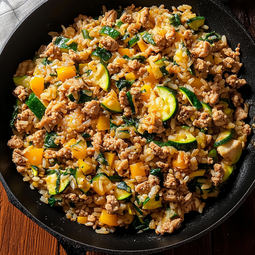 Recipe preparation for Ground Chicken Zucchini Rice Skillet