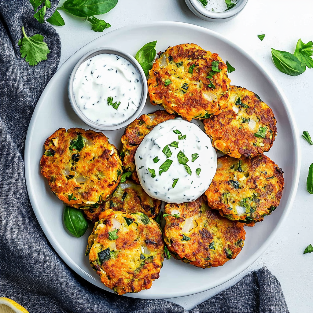 Recipe preparation for Crispy Chickpea Zucchini Fritters with Lemon Yogurt
