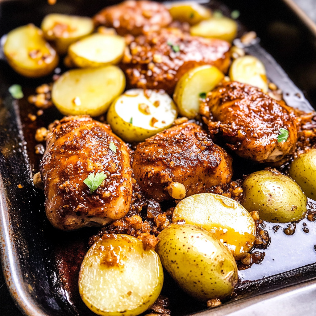 Recipe preparation for sheet pan lemon balsamic chicken and potatoes.