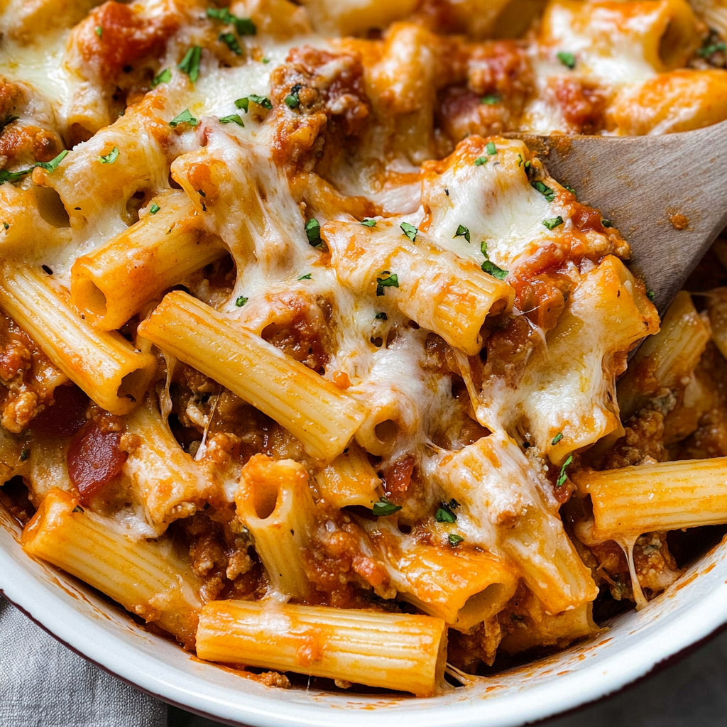 Recipe preparation for cheesy baked ziti