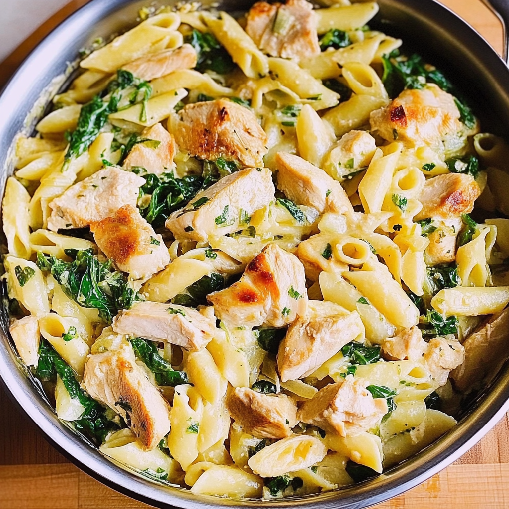 Recipe preparation for Spinach Artichoke Pasta with Chicken