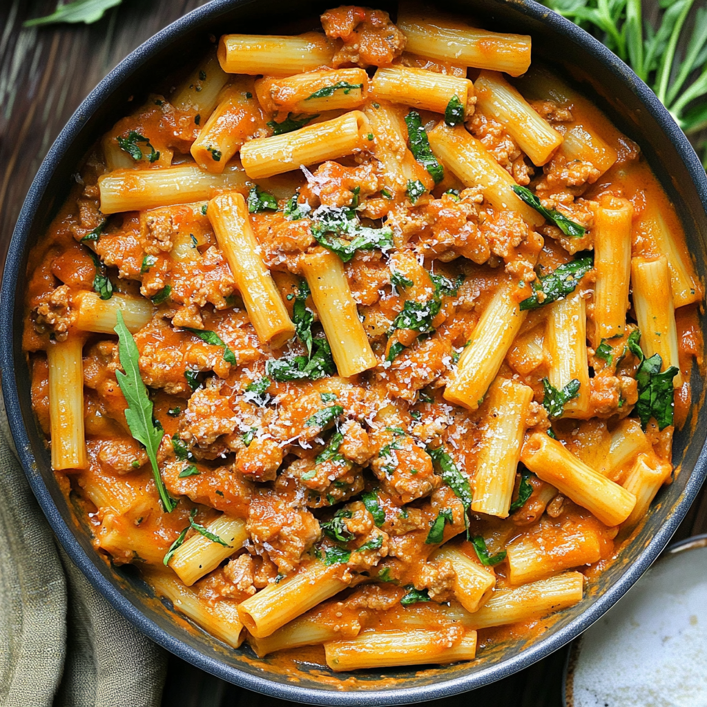 Recipe preparation for Creamy Sausage Rigatoni