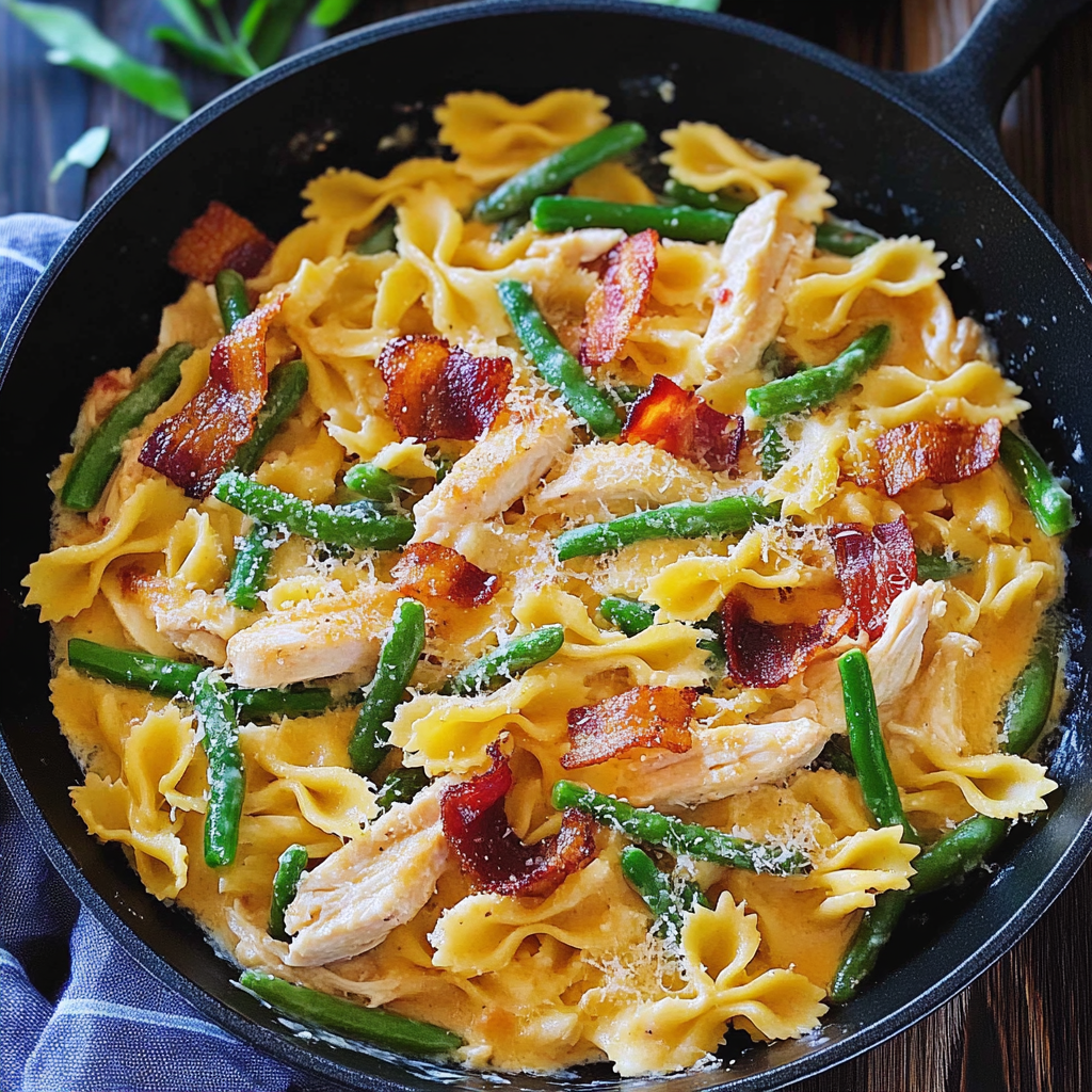 Recipe preparation for Creamy Chicken Pasta with Green Beans and Bacon