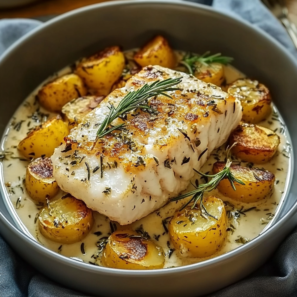 Recipe preparation for Cod and Potatoes with Rosemary Cream Sauce