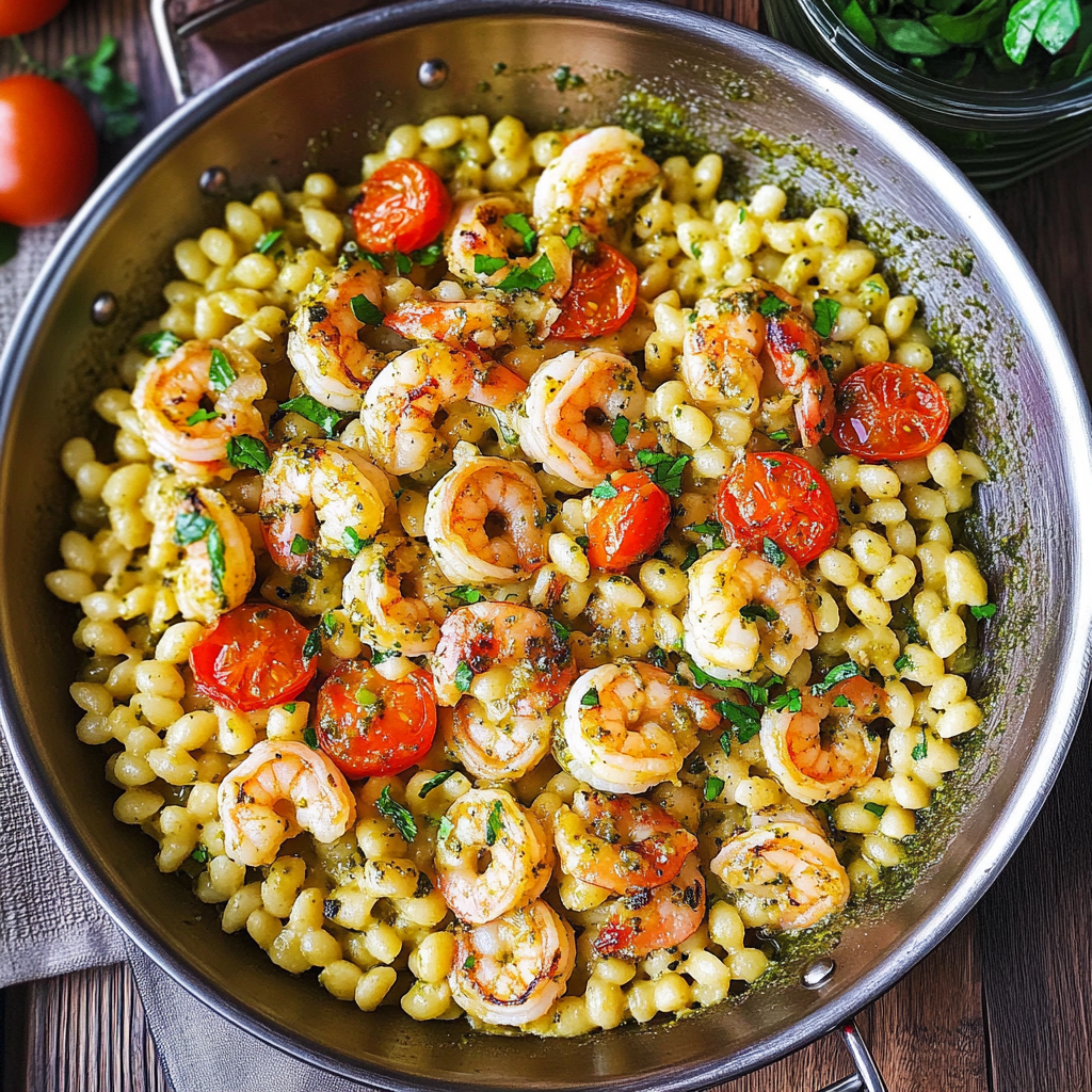 Recipe preparation for Shrimp Pesto Pasta