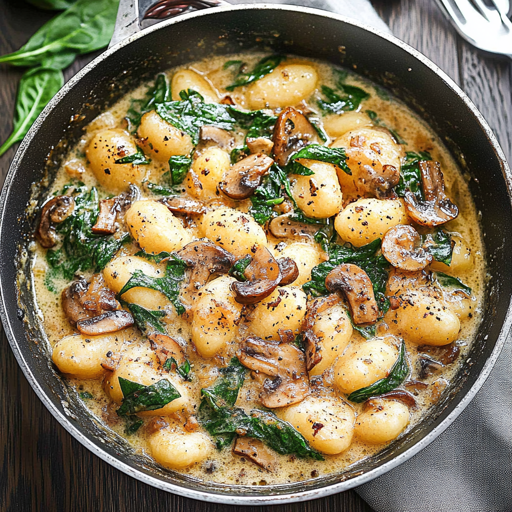 Recipe preparation for Creamy Spinach and Mushroom Gnocchi