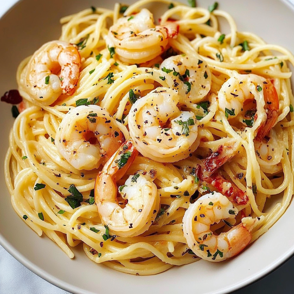 Recipe preparation for Lemon Garlic Shrimp Pasta